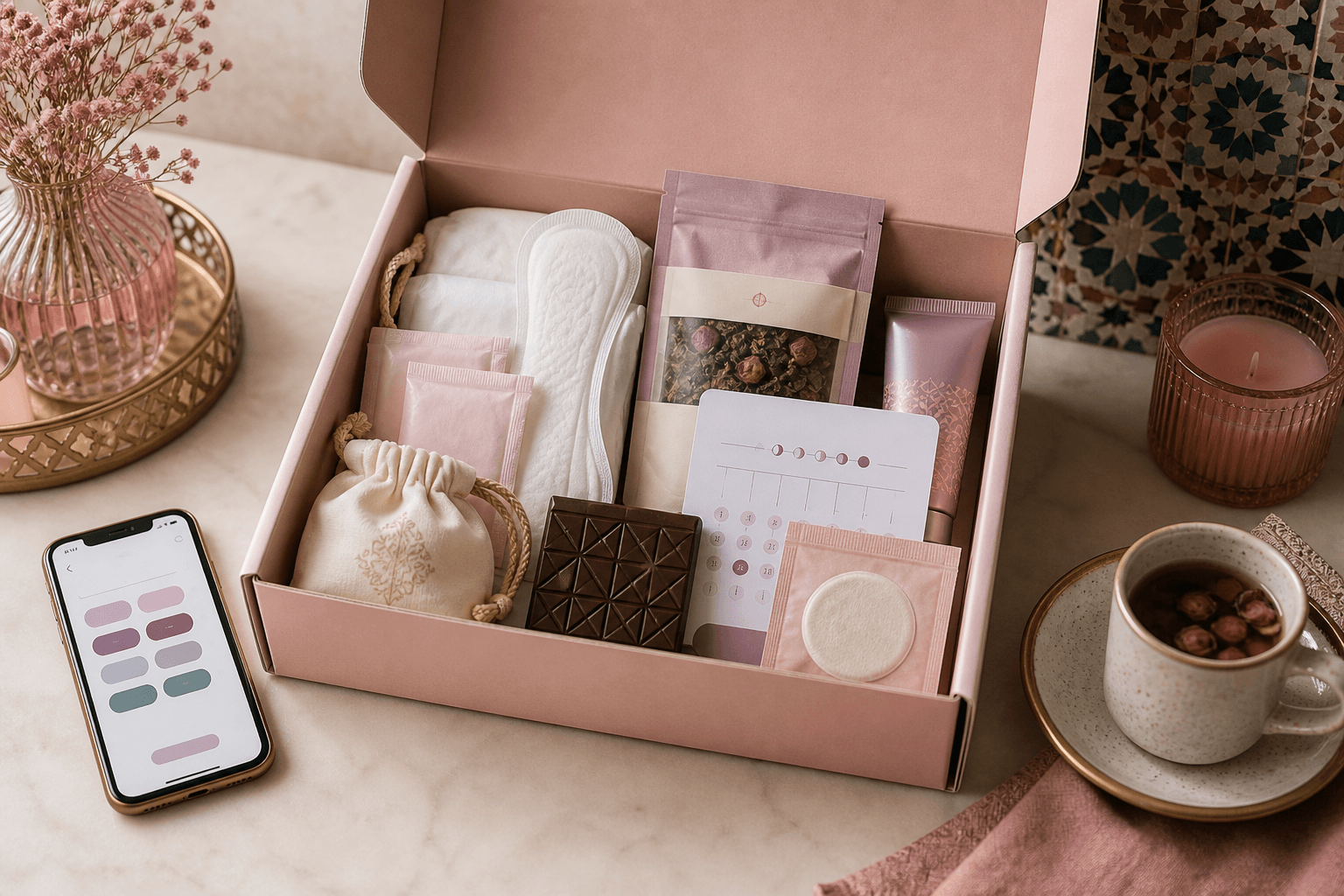 Box menstruelle avec protections, infusion, chocolat, soin et application de personnalisation